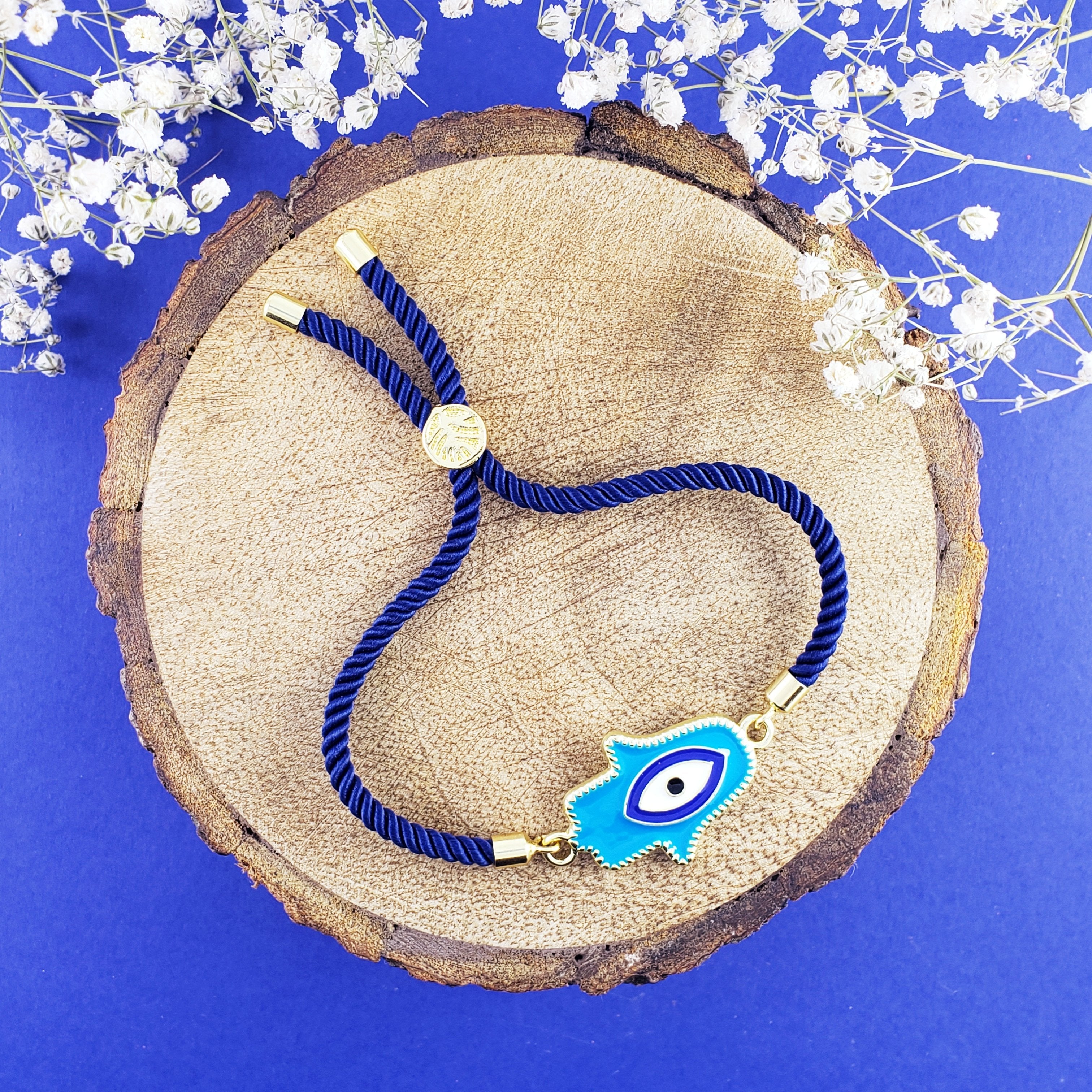Hamsa Evil Eye Blue Gold Enamel Slider Adjustable Thread Bracelet Bulk