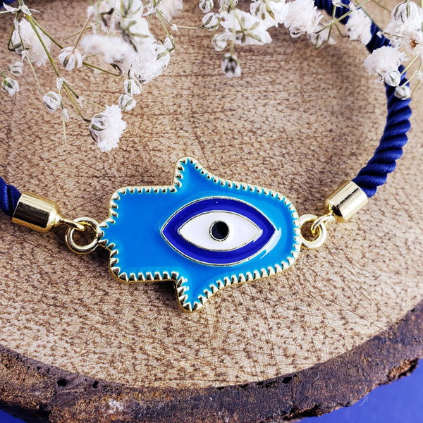 Hamsa Evil Eye Blue Gold Enamel Slider Adjustable Thread Bracelet Bulk Secondary image