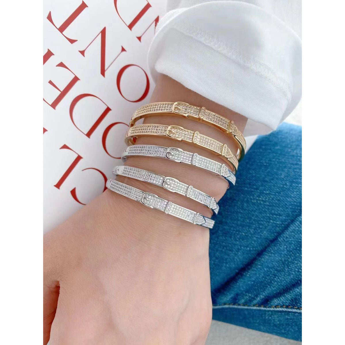 Belt Buckle Slim CZ 18K Gold Openable Cuff Kada Bangle Bulk