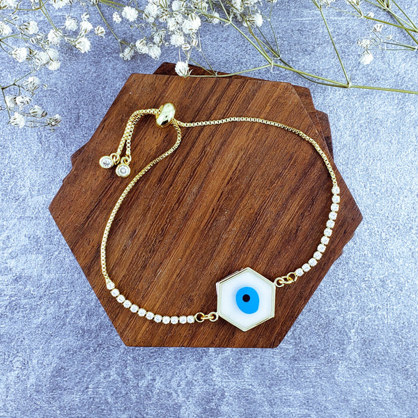 Hexagon Evil Eye White Cubic Zirconia Slider Adjustable Bracelet Bulk Main image