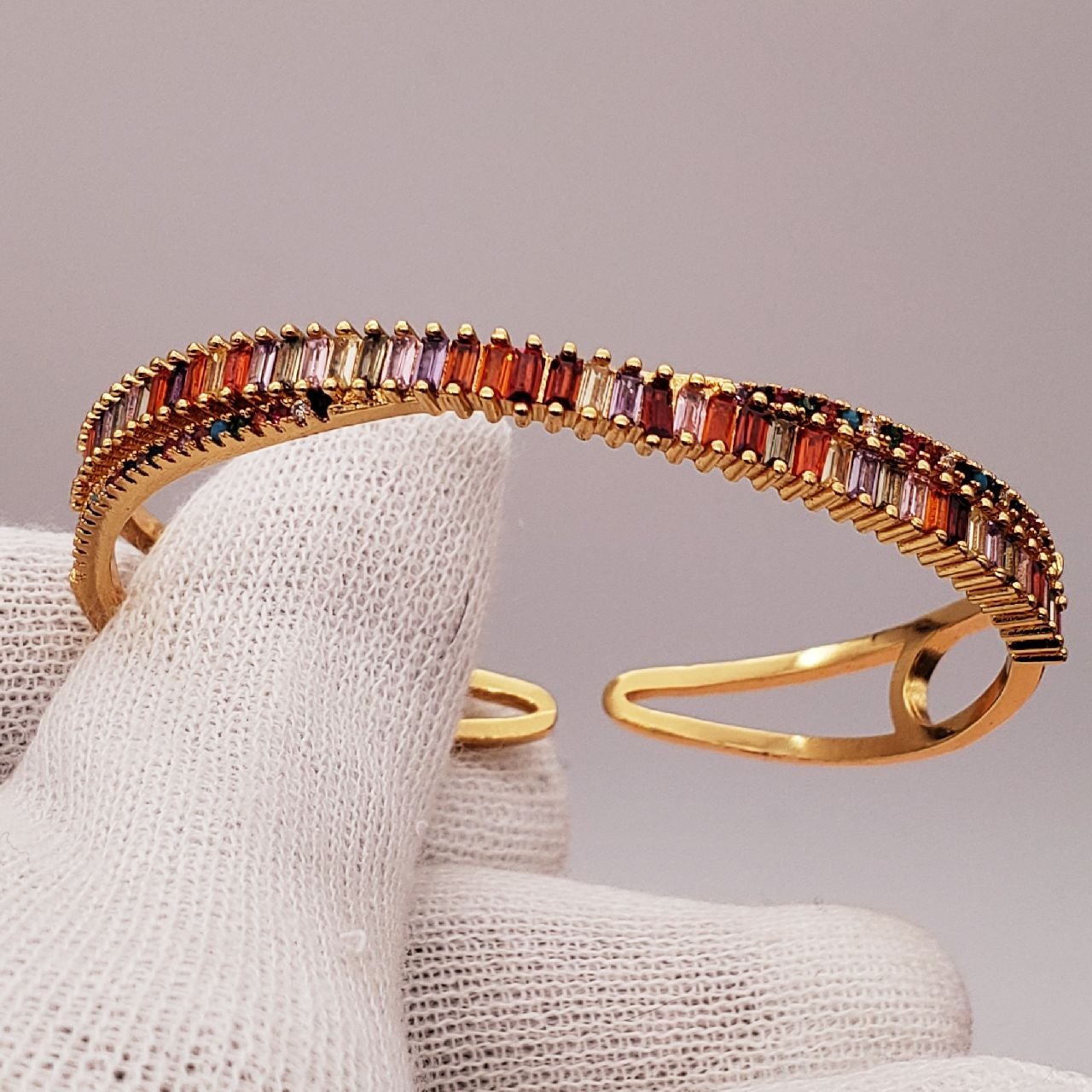 Rainbow Baguette Multi Gold Copper CZ Crystal Cuff Kada Bangle Bulk