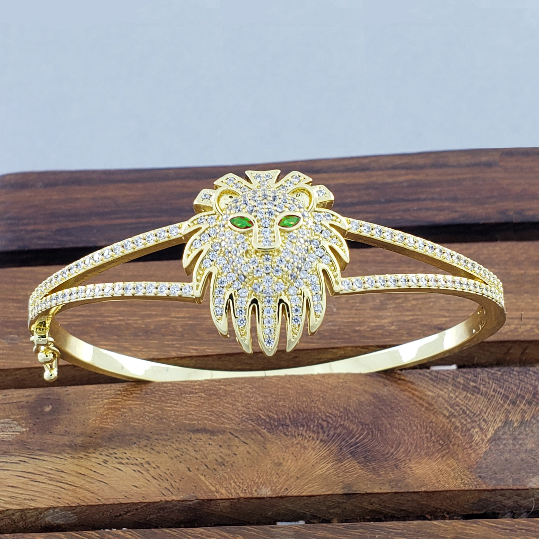 Lion Head Green Crystal Cubic Zirconia Openable Cuff Kada Bangle Bulk