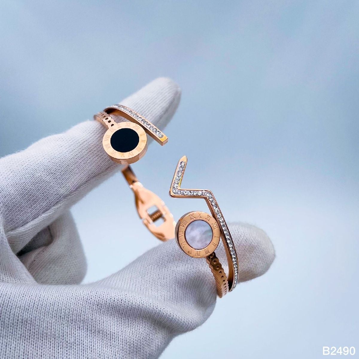 Roman Stainless Steel CZ Black White Rose Gold Bangle Kada Bulk