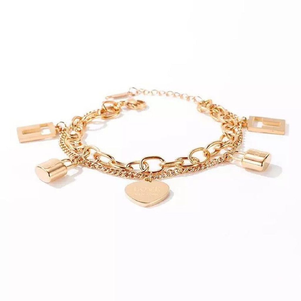 Heart Lock Rose Gold Stainless Steel Dual Chain Bracelet Women Bulk