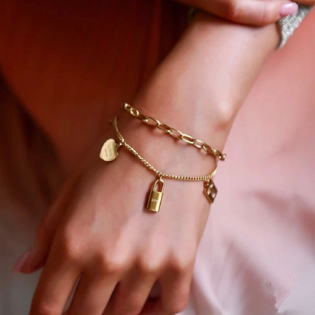 Heart Lock Rose Gold Stainless Steel Dual Chain Bracelet Women Bulk