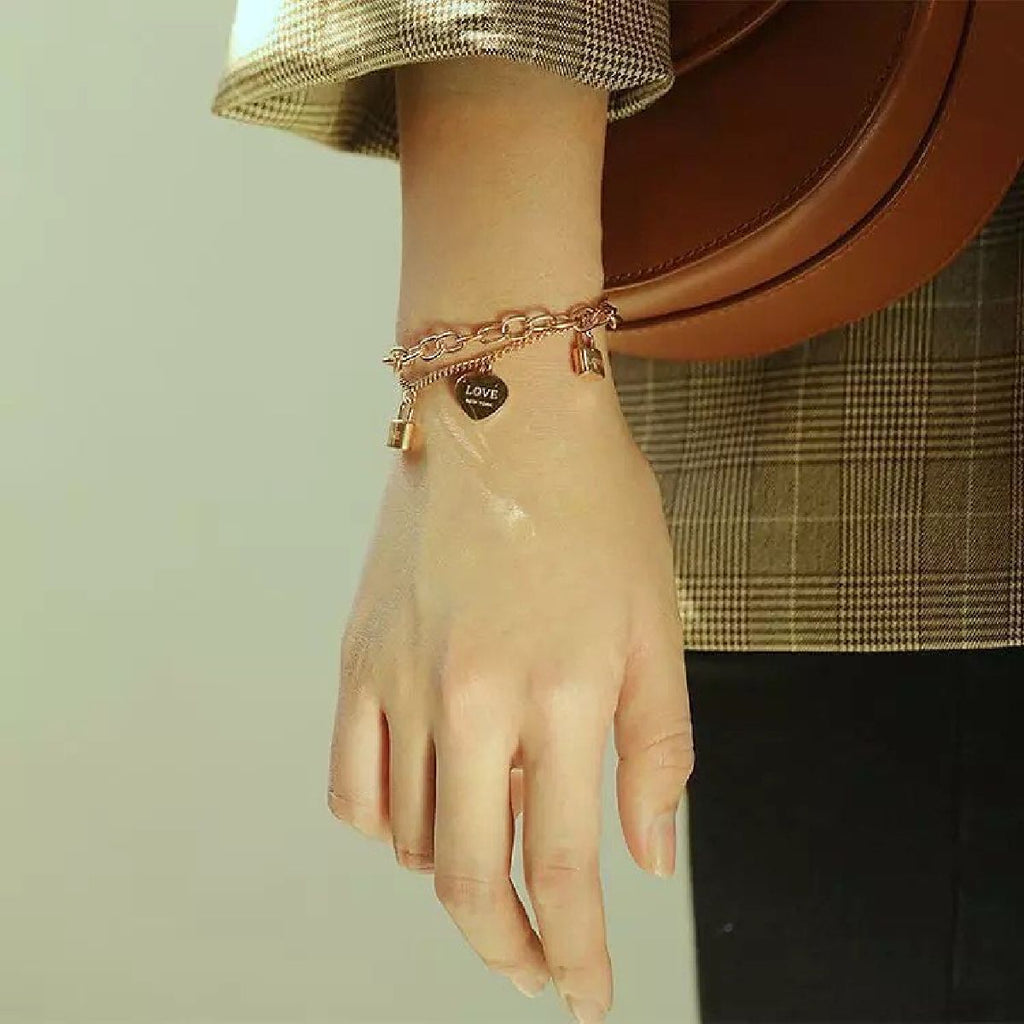 Heart Lock Rose Gold Stainless Steel Dual Chain Bracelet Women Bulk