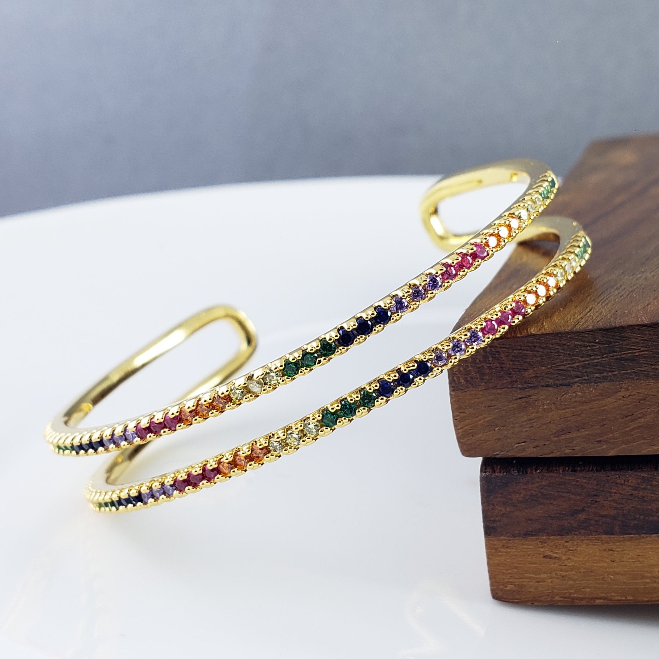 Rainbow Dual Layer Gold Crystal Cubic Zirconia Cuff Kada Bangle Bulk