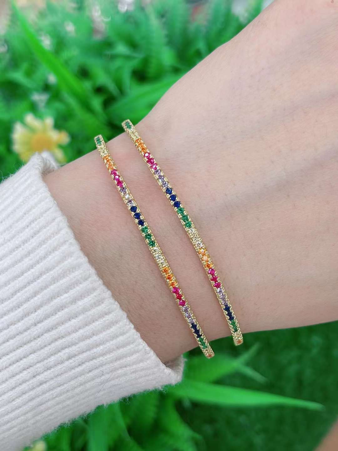 Rainbow Dual Layer Gold Crystal Cubic Zirconia Cuff Kada Bangle Bulk
