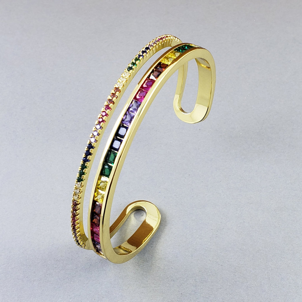 Rainbow American Diamond Crystal Gold Cuff Kada Bangle For Women Bulk