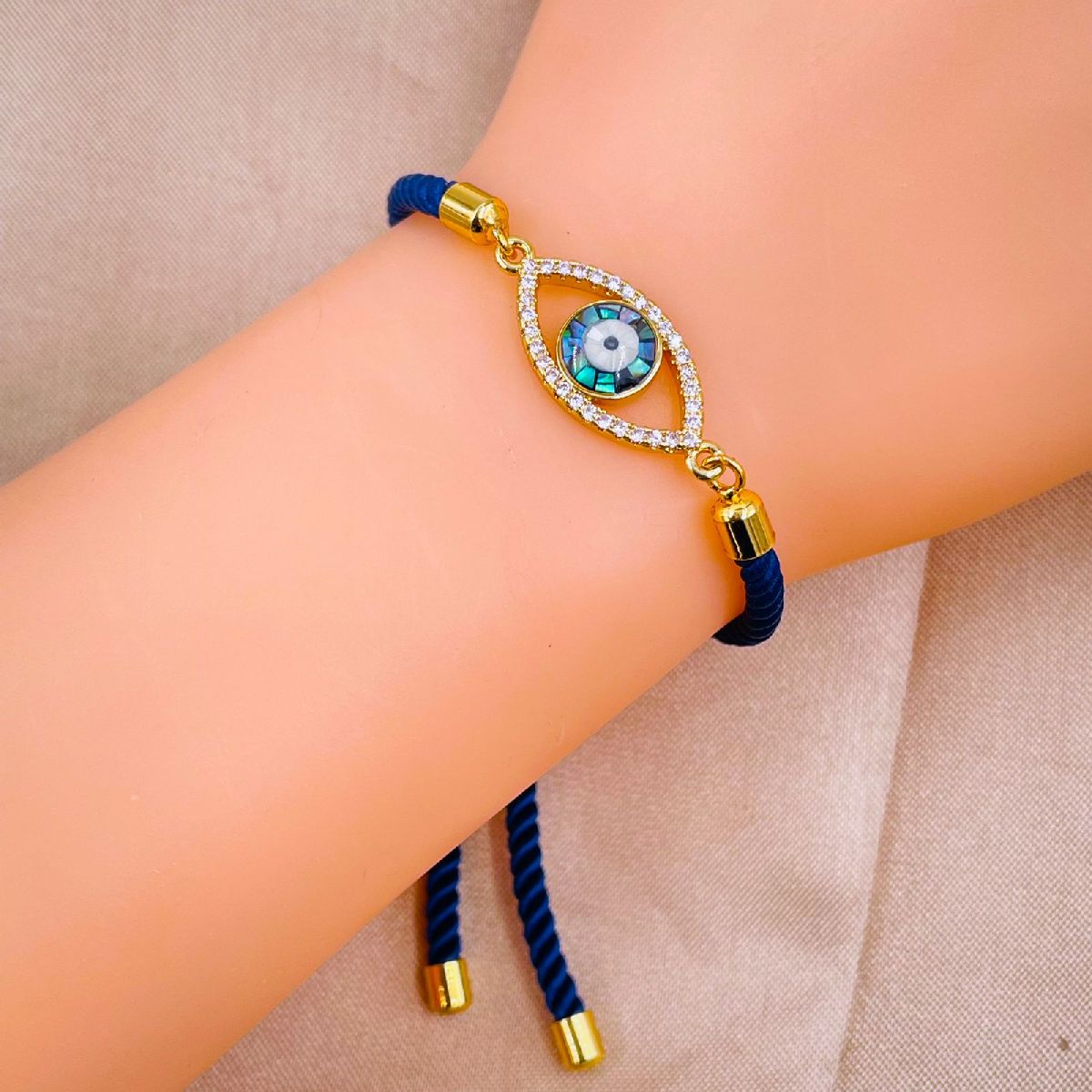 Evil Eye Copper Gold Blue Cubic Zirconia Thread Slider Bracelet Bulk