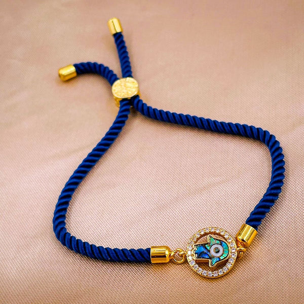 Hamsa Evil Eye Copper Gold Blue Cubic Zirconia Thread Bracelet Bulk Main image