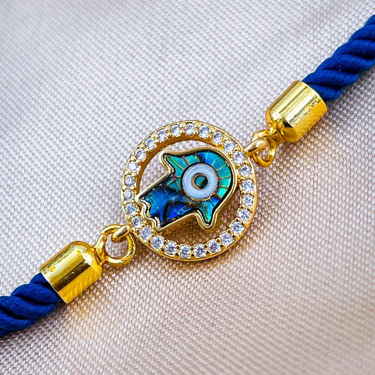 Hamsa Evil Eye Copper Gold Blue Cubic Zirconia Thread Bracelet Bulk