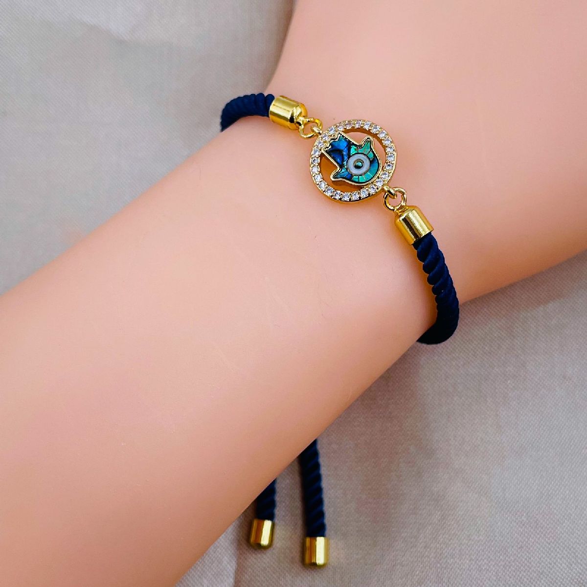 Hamsa Evil Eye Copper Gold Blue Cubic Zirconia Thread Bracelet Bulk
