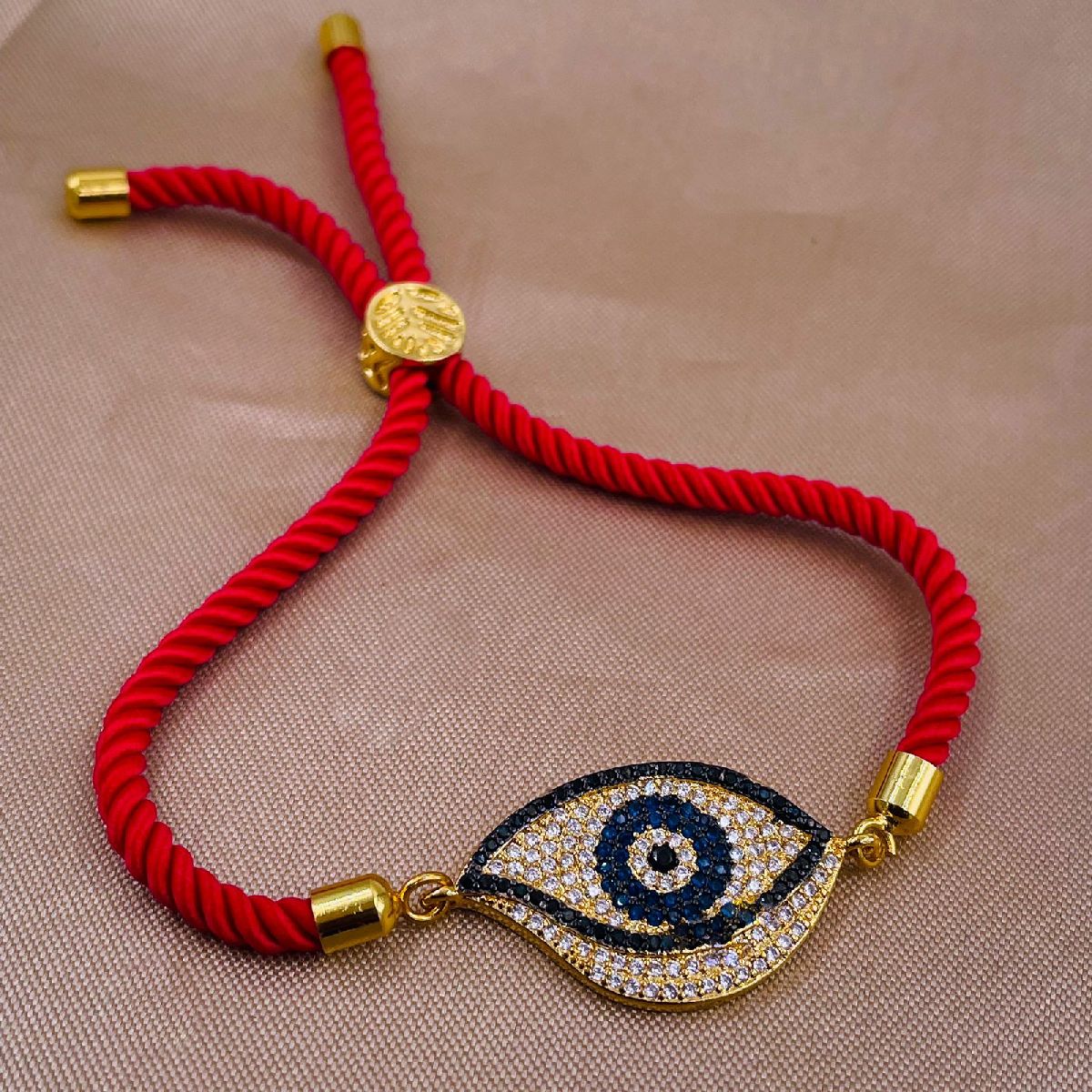 Leaf Evil Eye Copper Gold Red CZ Thread Slider Bracelet Bulk Main image