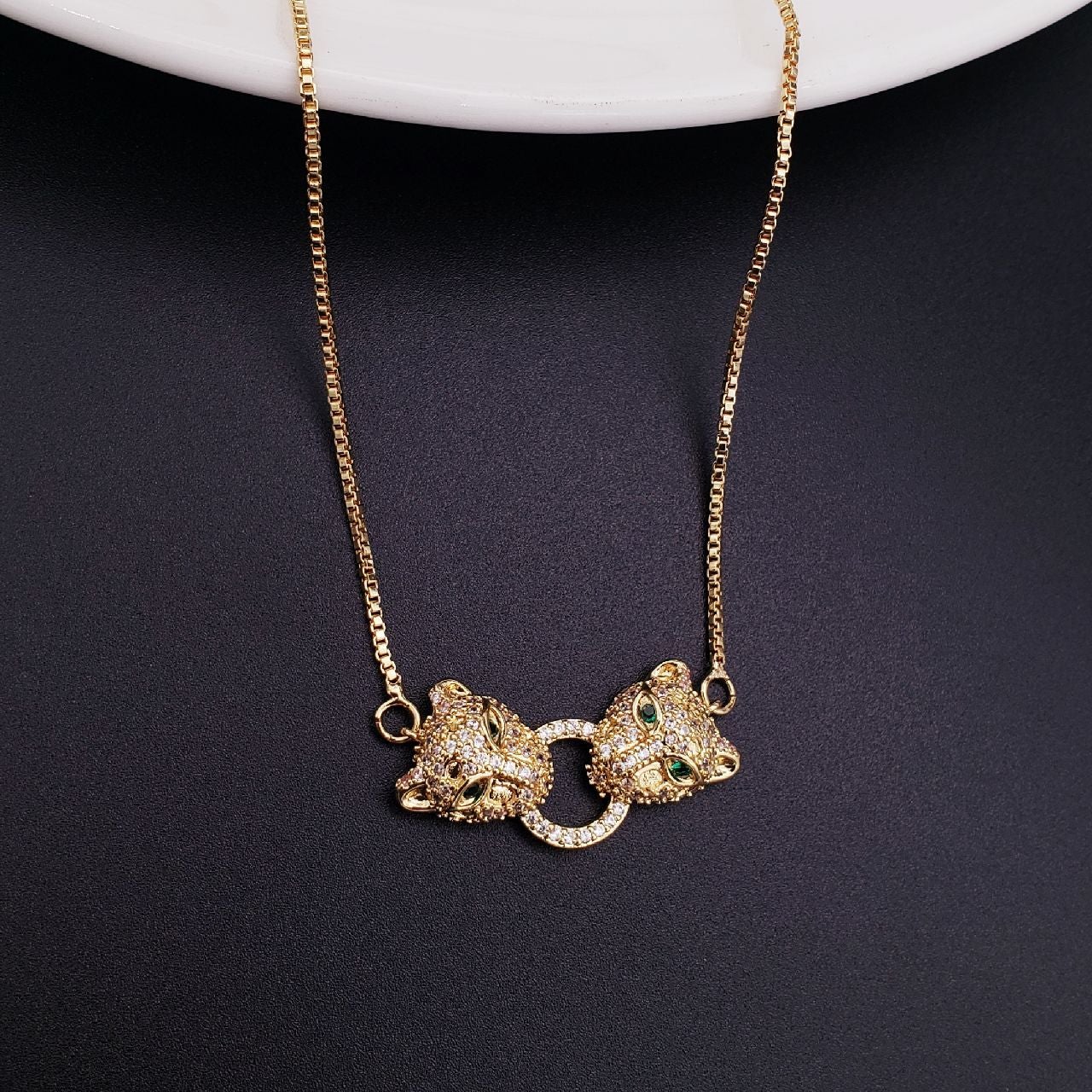 Dual Panther Green Gold Copper CZ Necklace Pendant Chain Bulk
