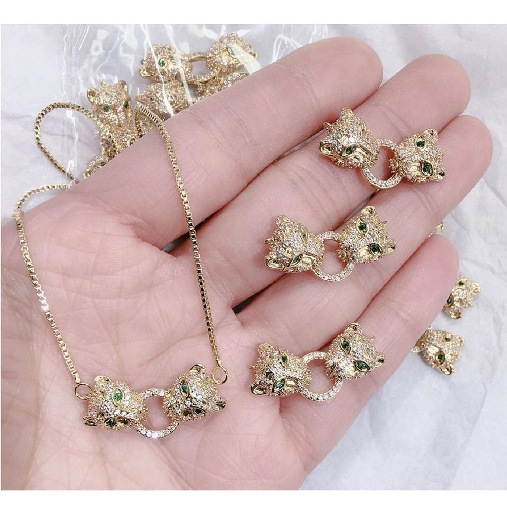 Dual Panther Green Gold Copper CZ Necklace Pendant Chain Bulk