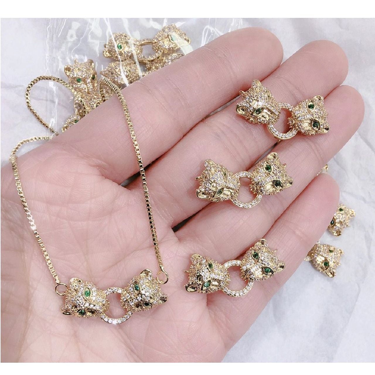 Dual Panther Green Gold Copper CZ Necklace Pendant Chain Bulk