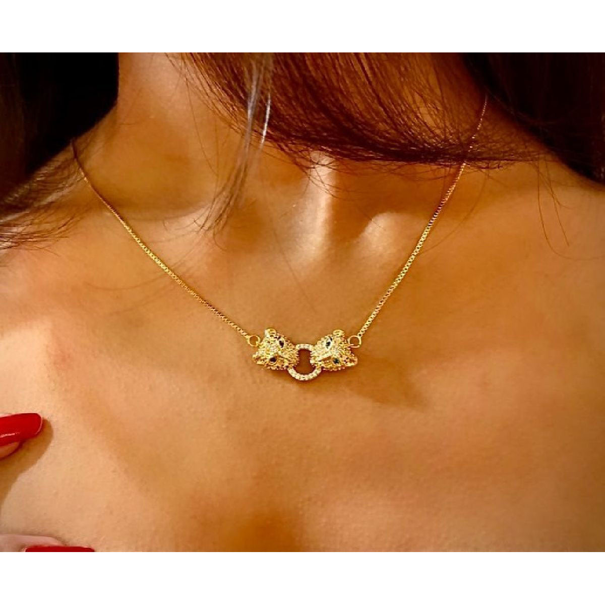 Dual Panther Green Gold Copper CZ Necklace Pendant Chain Bulk