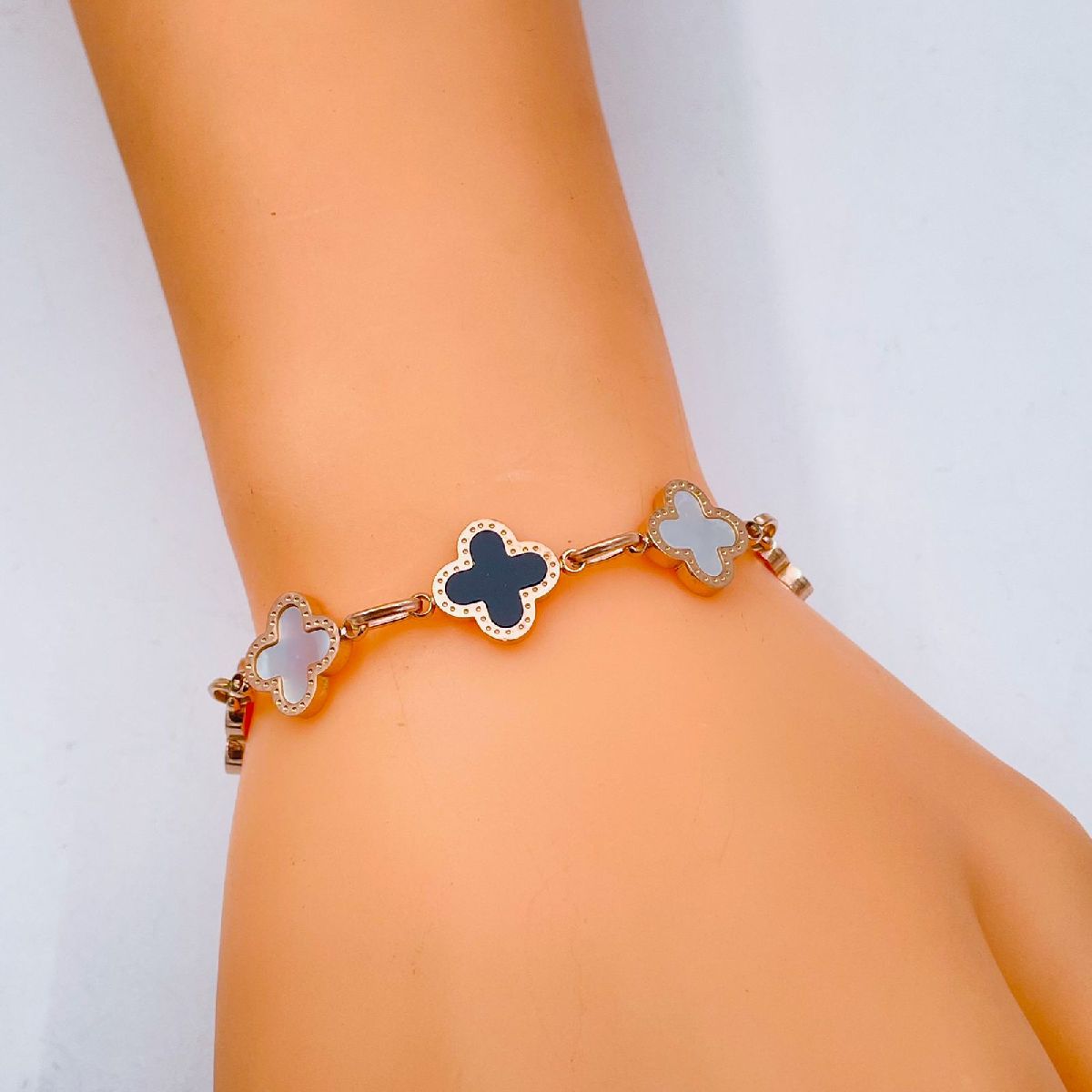 Clover Rose Gold Black White Stainless Steel Bracelet For Women Bulk