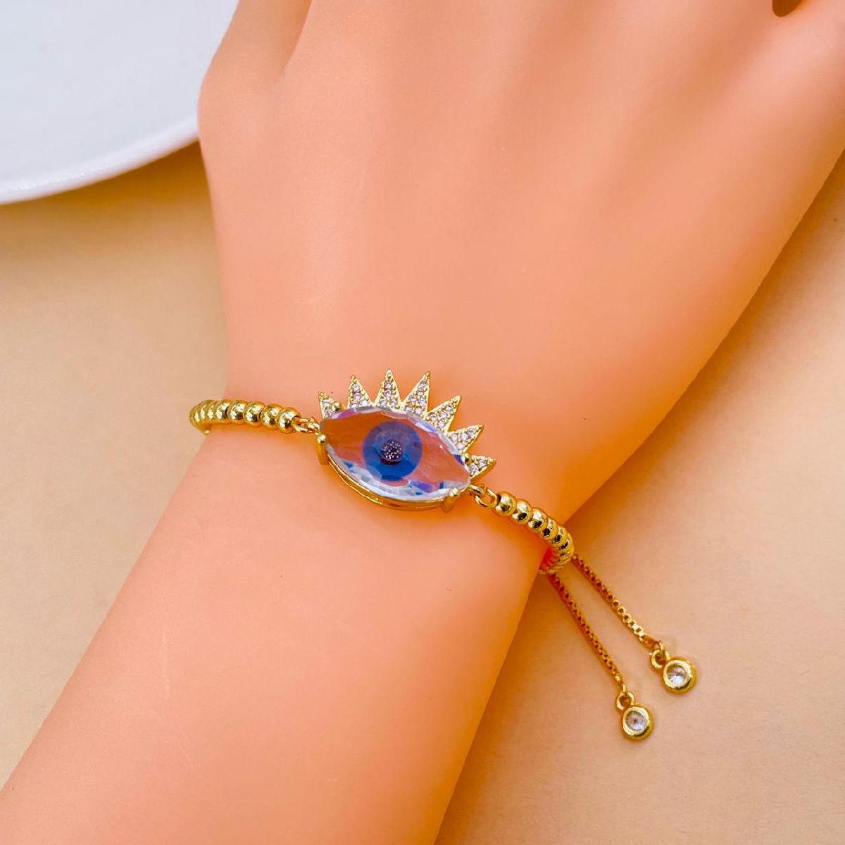 Eyelash Evil Eye Copper Cubic Zirconia Gold Blue Slider Bracelet Bulk
