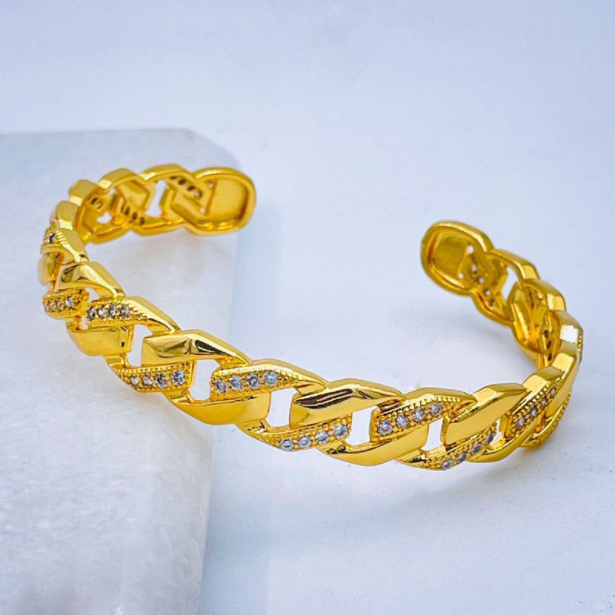 Copper Classic Curb Half Studded CZ 18K Gold Cuff Kada Bangle Bulk