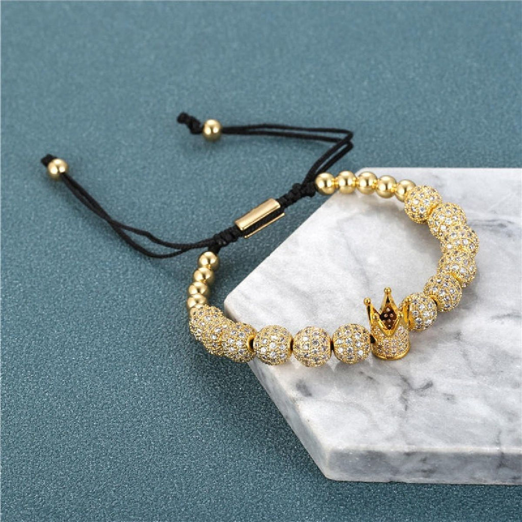 Crown CZ Beads Ball Gold Copper Threads Adjustable Bracelet Bulk