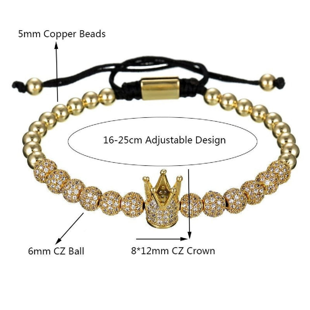 Crown CZ Beads Ball Gold Copper Threads Adjustable Bracelet Bulk