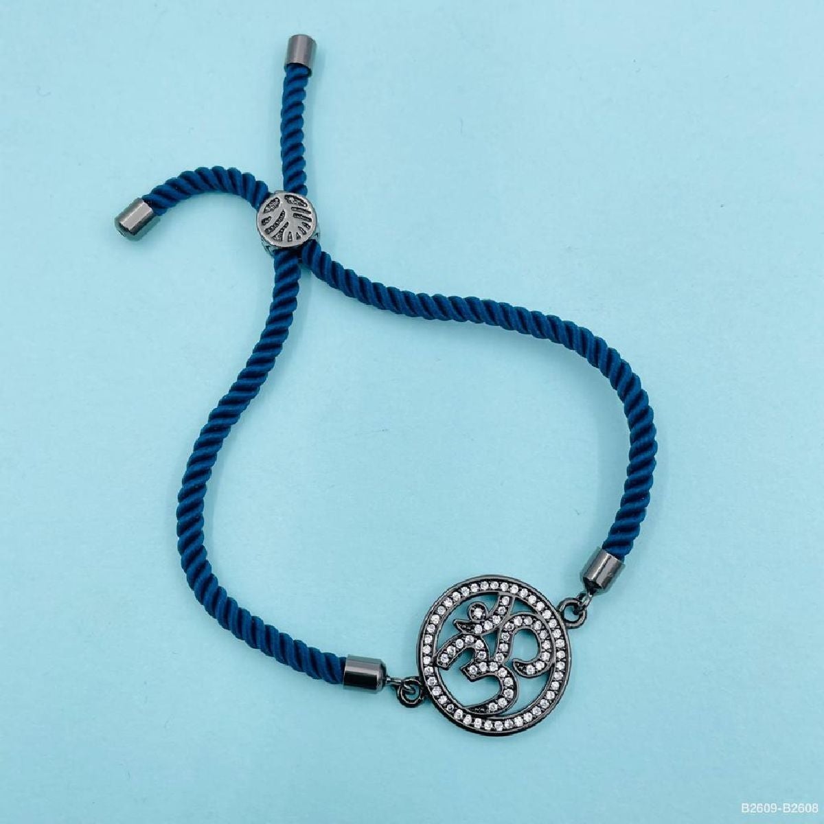 Om Copper Cubic Zirconia Black Blue Thread Adjustable Bracelet Bulk