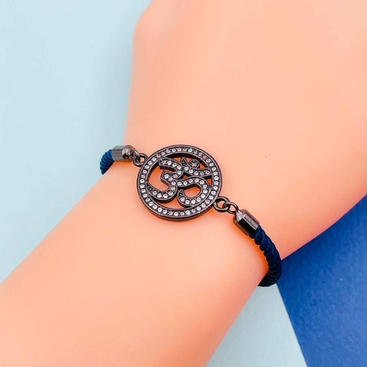 Om Copper Cubic Zirconia Black Blue Thread Adjustable Bracelet Bulk