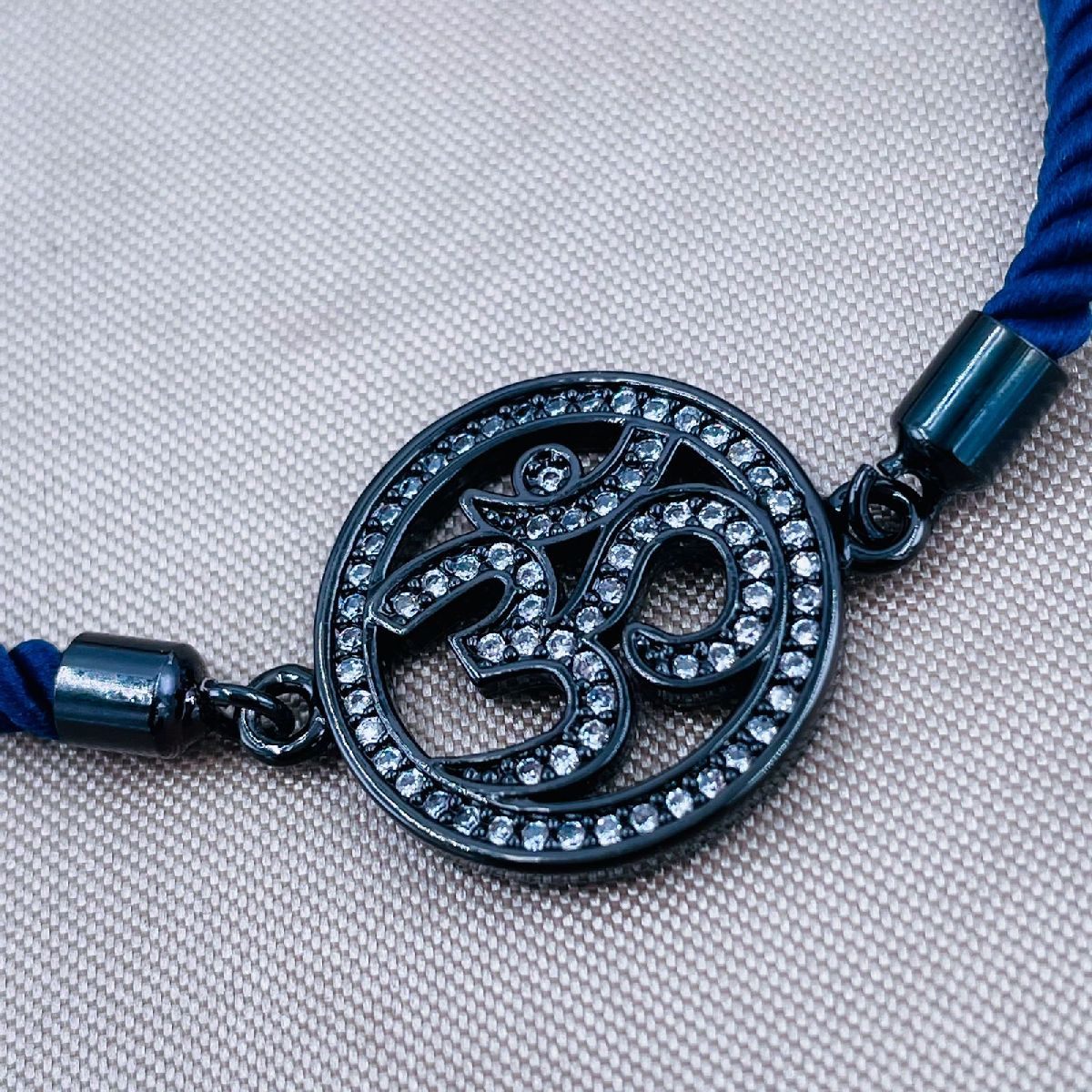 Om Copper Cubic Zirconia Black Blue Thread Adjustable Bracelet Bulk