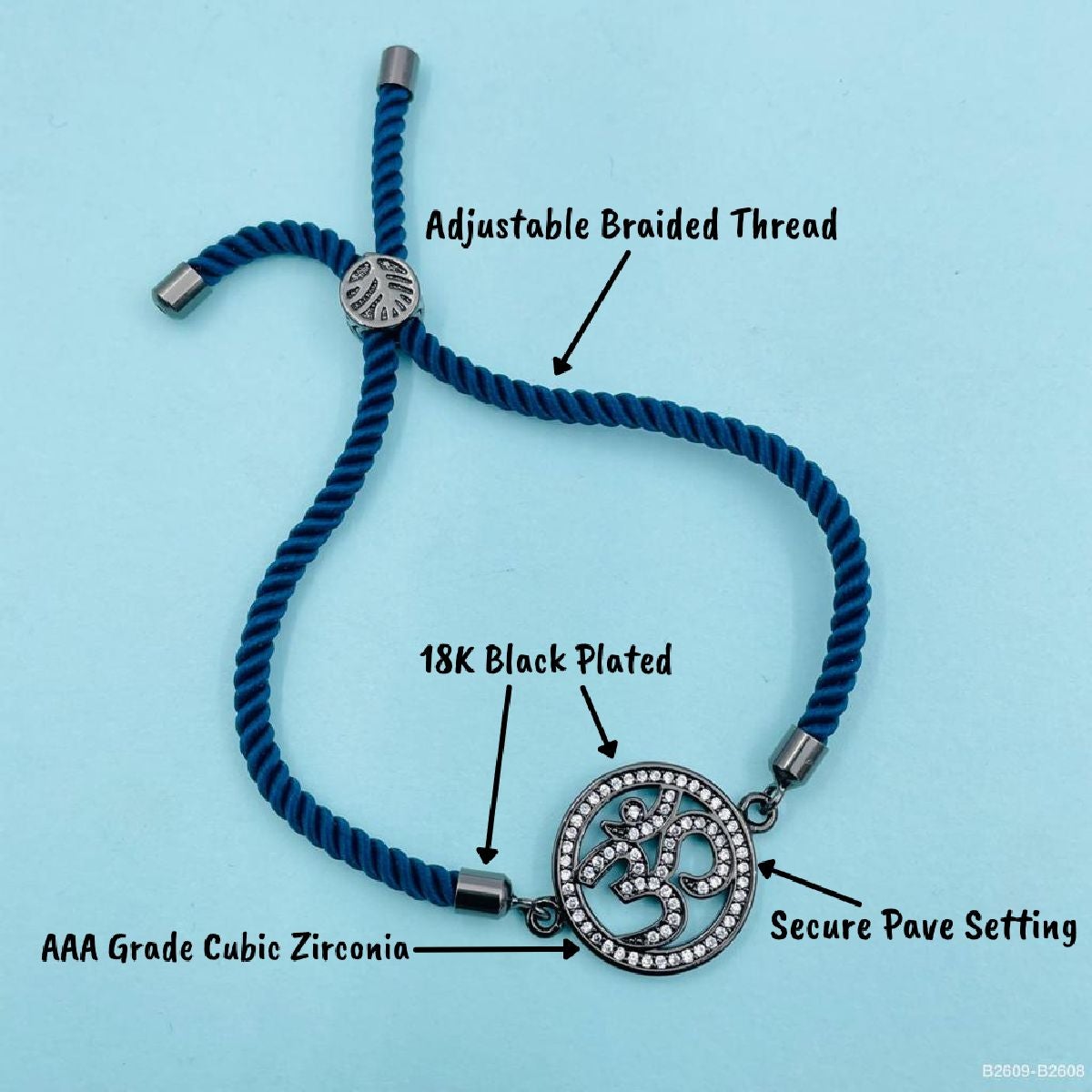 Om Copper Cubic Zirconia Black Blue Thread Adjustable Bracelet Bulk