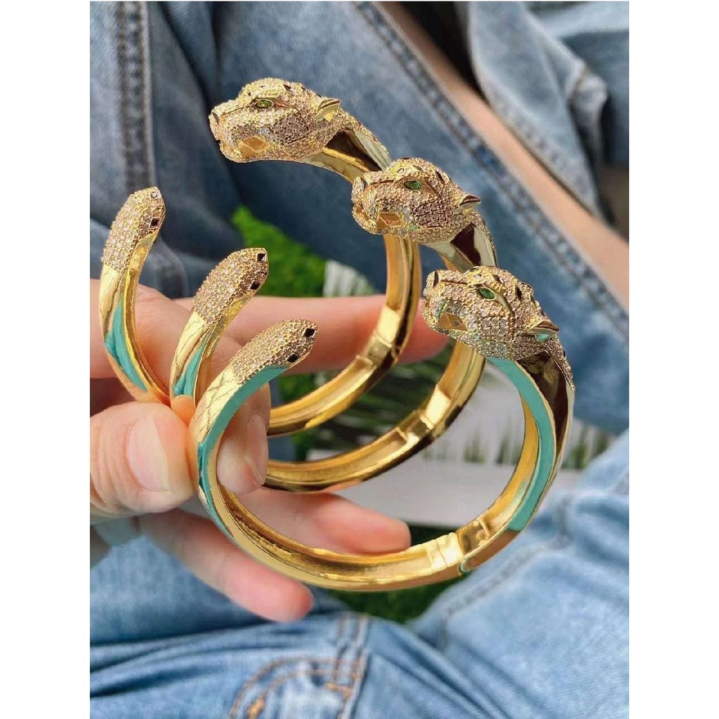 Panther American Diamond Gold Green Copper Cuff Kada Bangle Women Bulk
