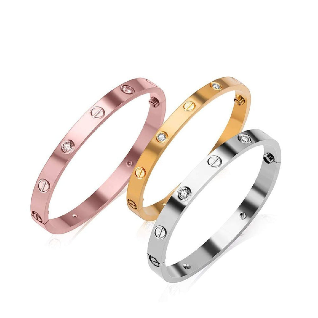 Stainless Steel Silver With CZ Screw Openable Kada Bangle Bulk