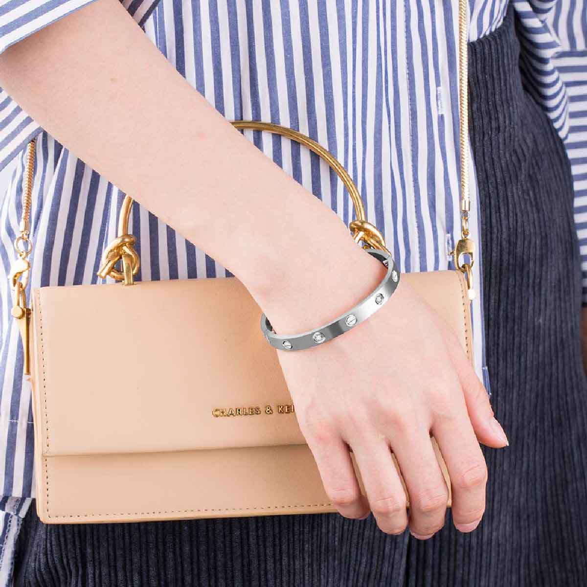Stainless Steel Silver With CZ Screw Openable Kada Bangle Bulk