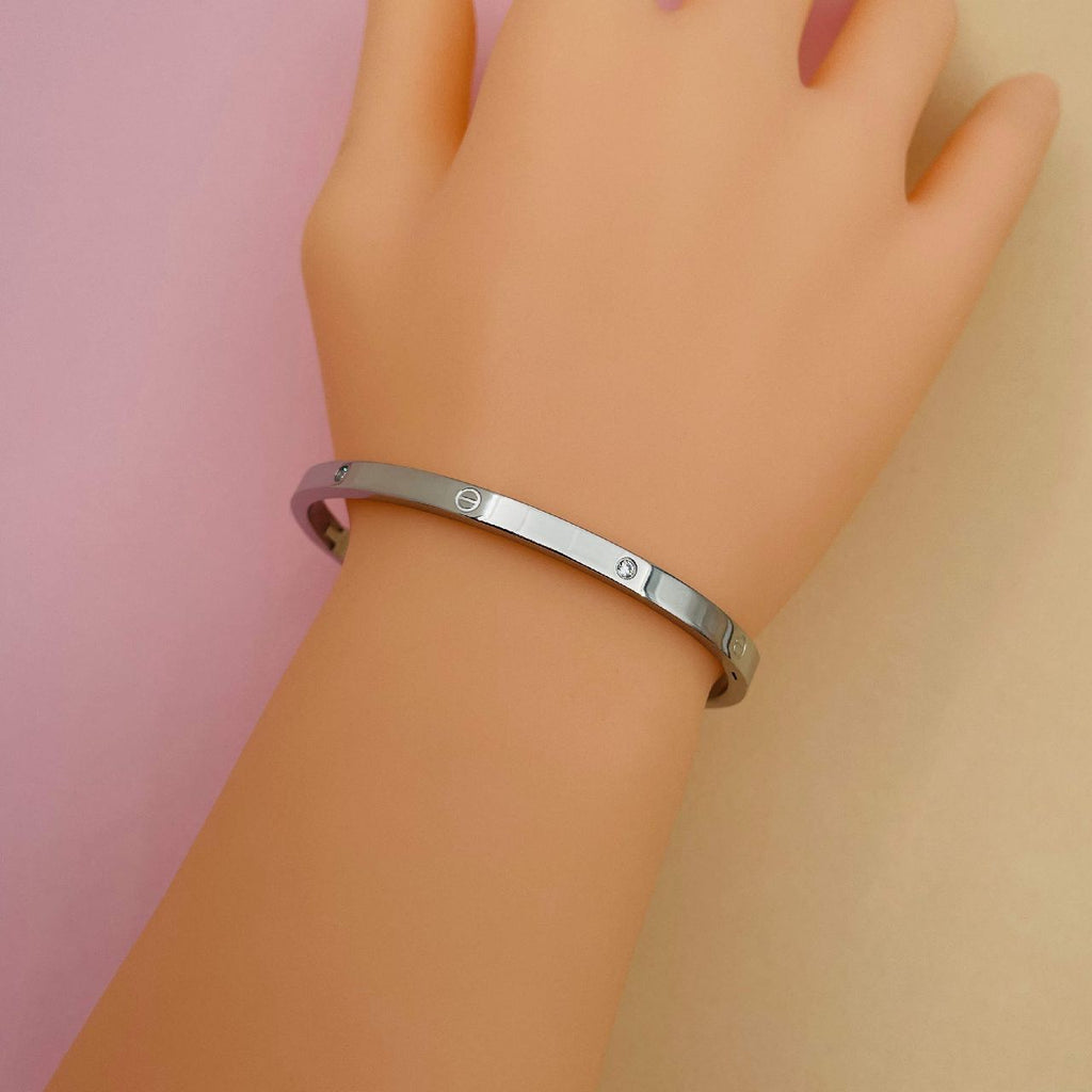 Stainless Steel Cubic Zirconia Screw Bracelet Bangle Kada Silver Bulk
