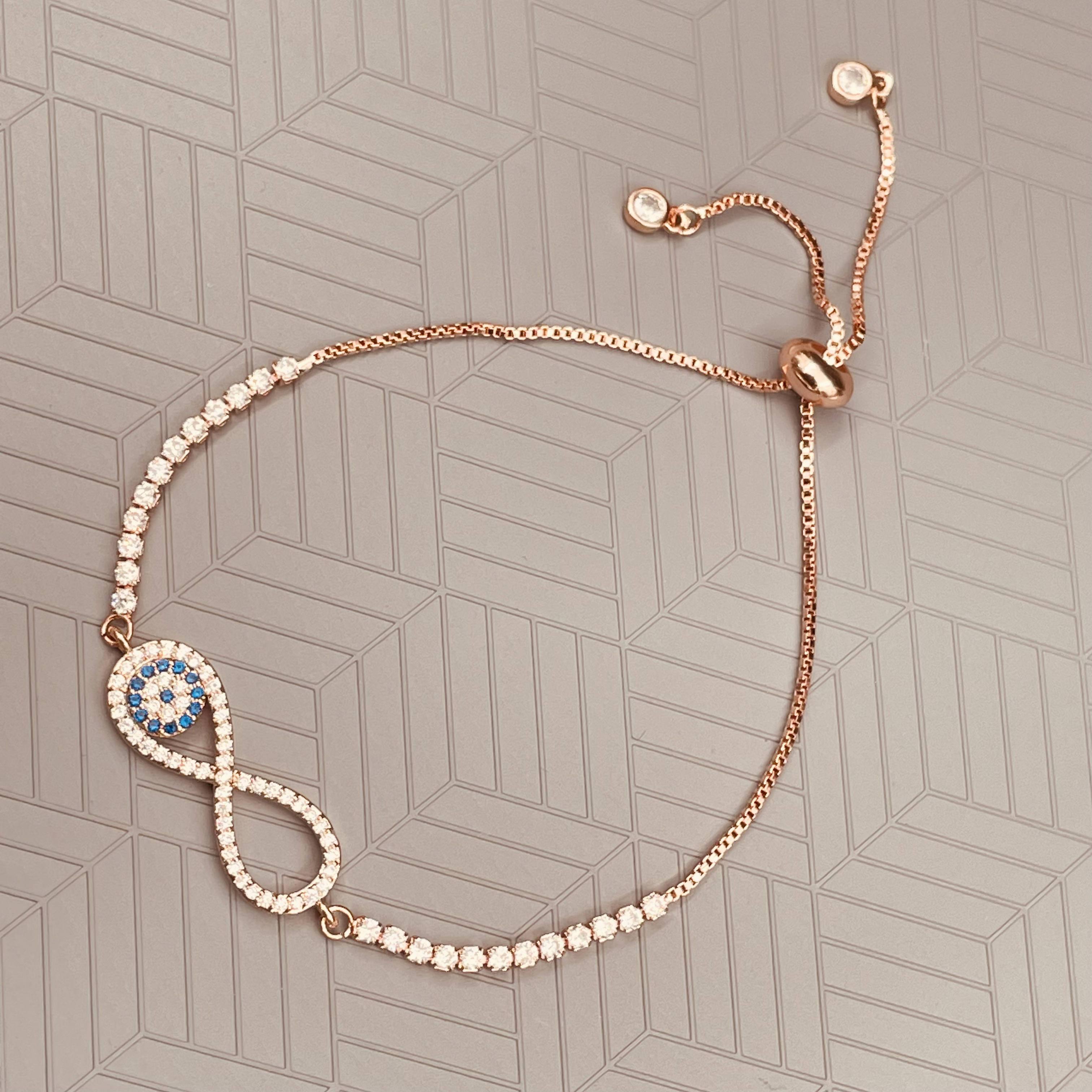 Copper American Diamonds Crystal Pink Rose Gold Evil Eye Infinity Charms Slider Adjustable Bracelet For Women Girls Main image