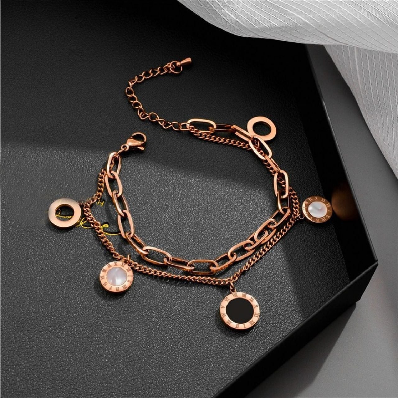 Roman Rose Gold Stainless Steel Layered Bracelet For Women Bulk