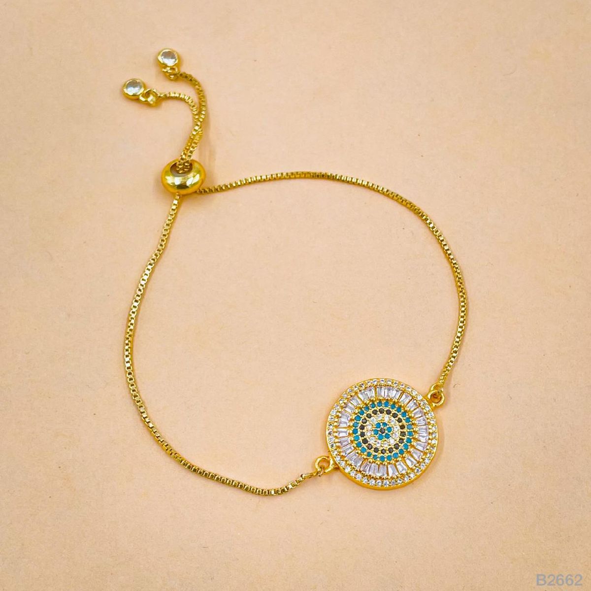 Evil Eye Baguette CZ Crystal Copper Gold Slider Bracelet Bulk Main image