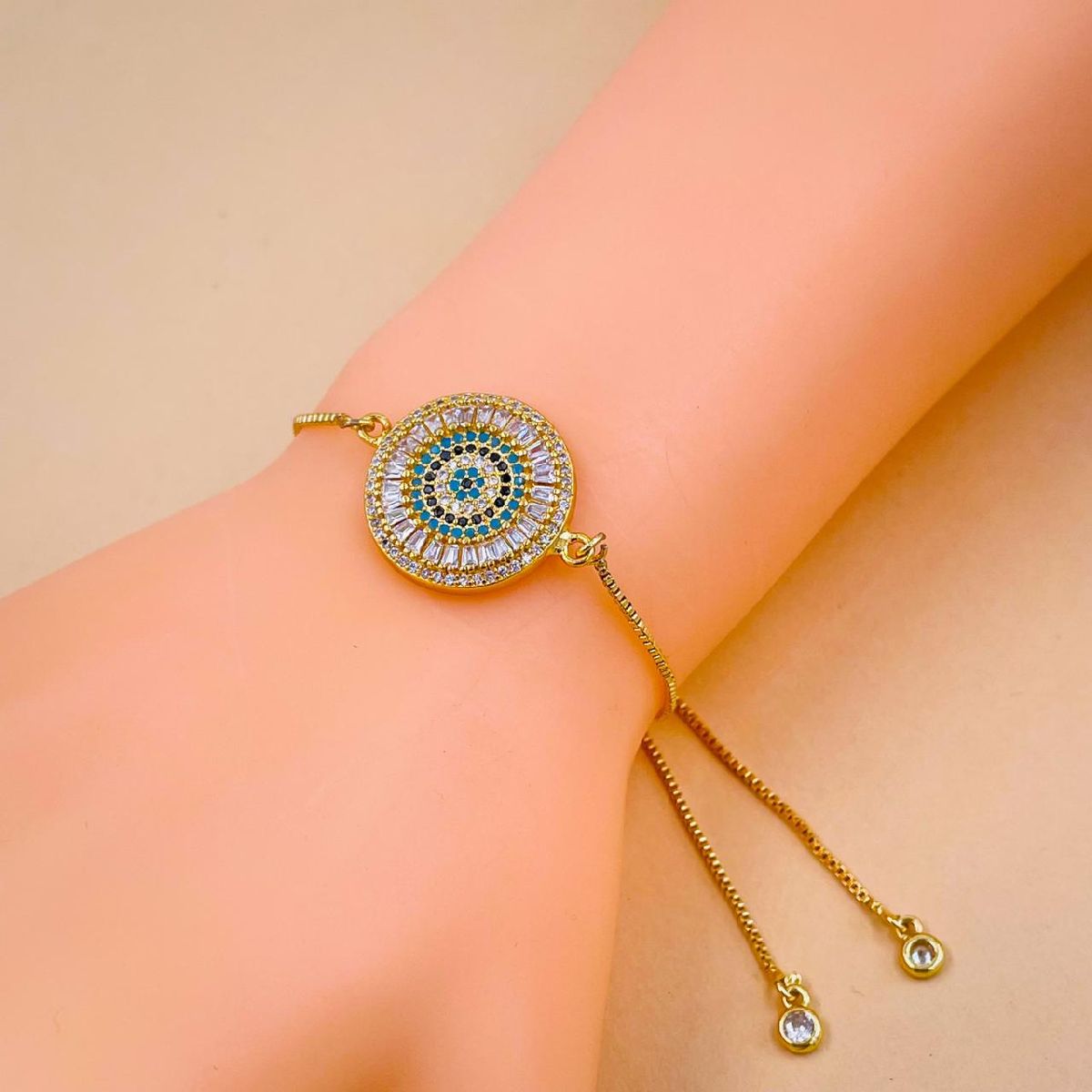 Evil Eye Baguette CZ Crystal Copper Gold Slider Bracelet Bulk