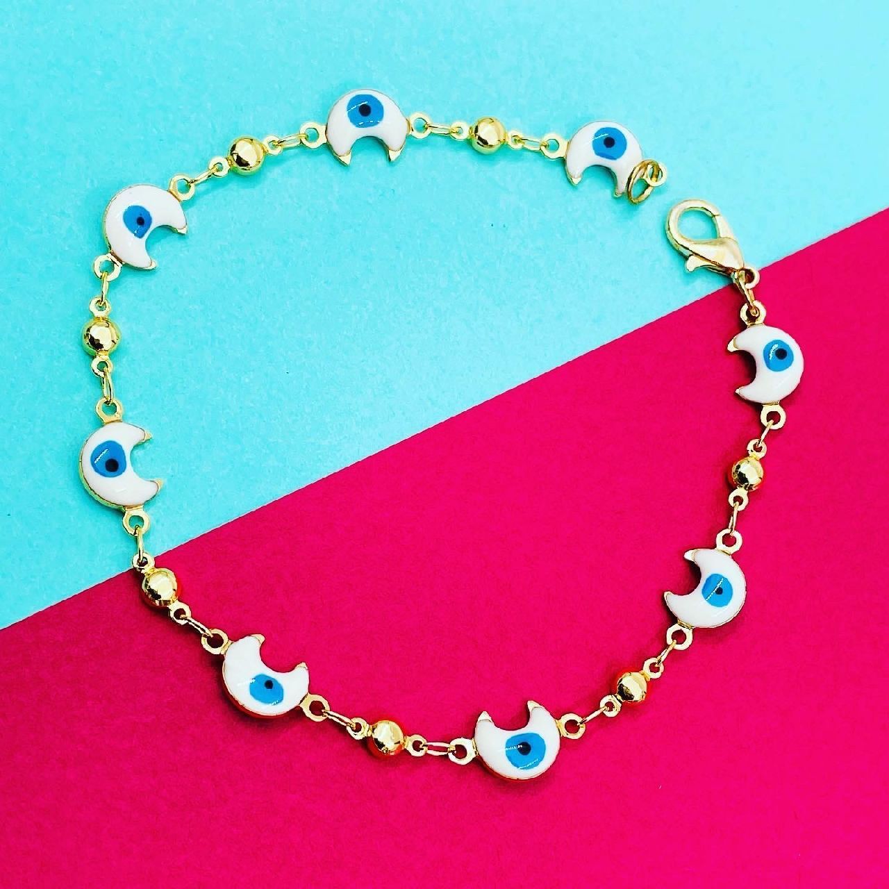 Copper Enamel Evil Eye White Blue Crescent Moon Bracelet Women Bulk