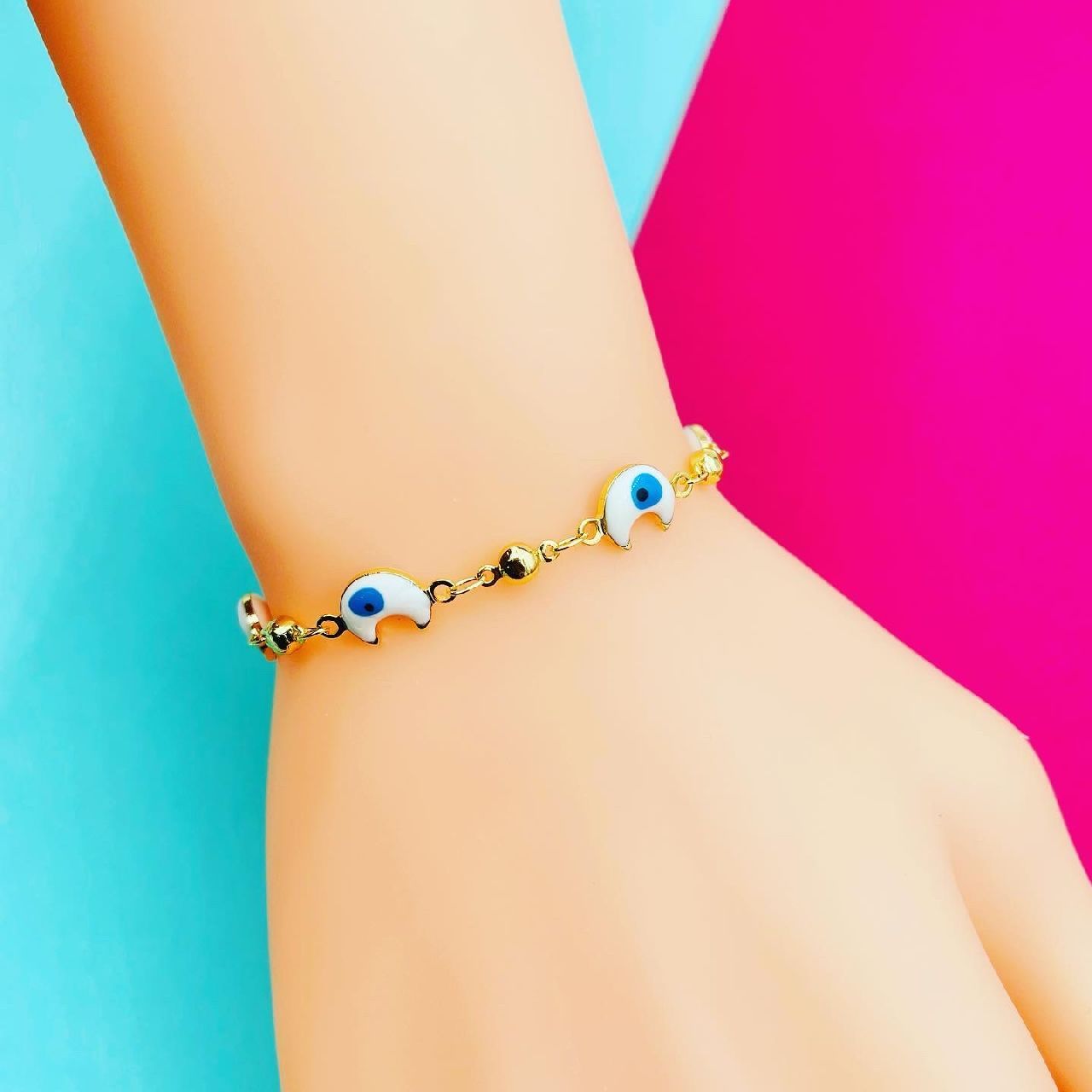 Copper Enamel Evil Eye White Blue Crescent Moon Bracelet Women Bulk