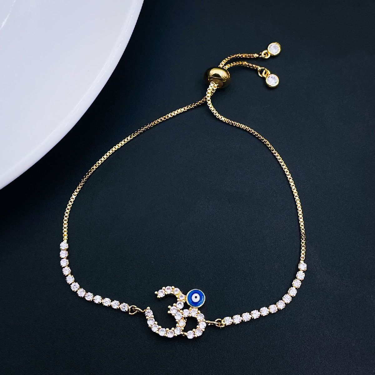 Copper Om Aum Evil Eye CZ Gold Adjustable Slider Bracelet Bulk