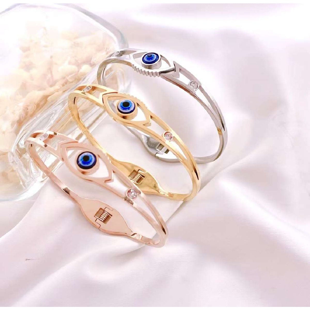 Cubic Zirconia Evil Eye Rose Gold Stainless Steel Bangle Kada Bulk