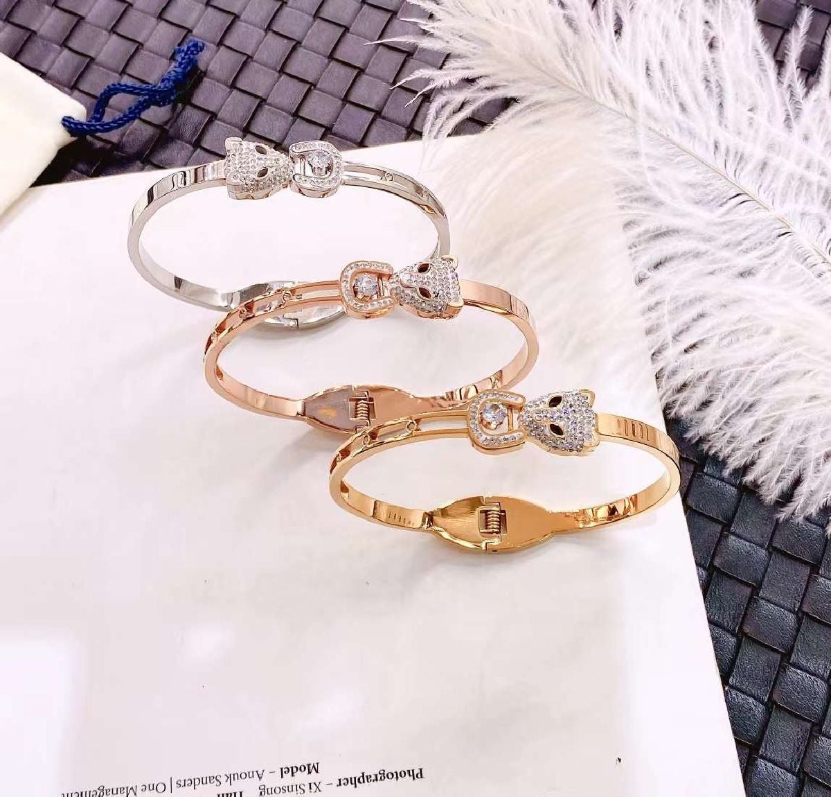 Panther Cubic Zirconia Rose Gold Stainless Steel Opeable Kada Bulk