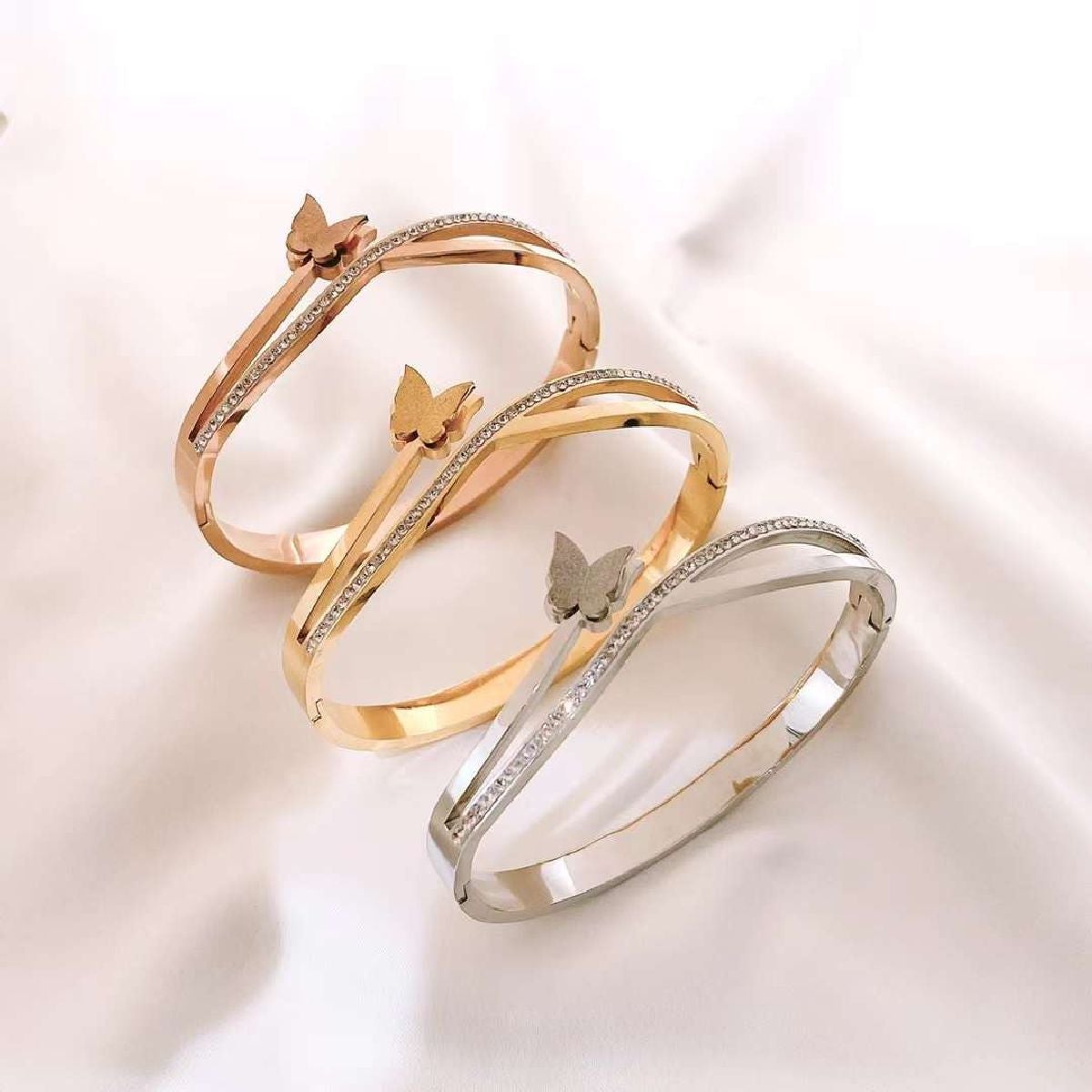Butterfly Cubic Zirconia Rose Gold Stainless Steel Openable Kada Bulk