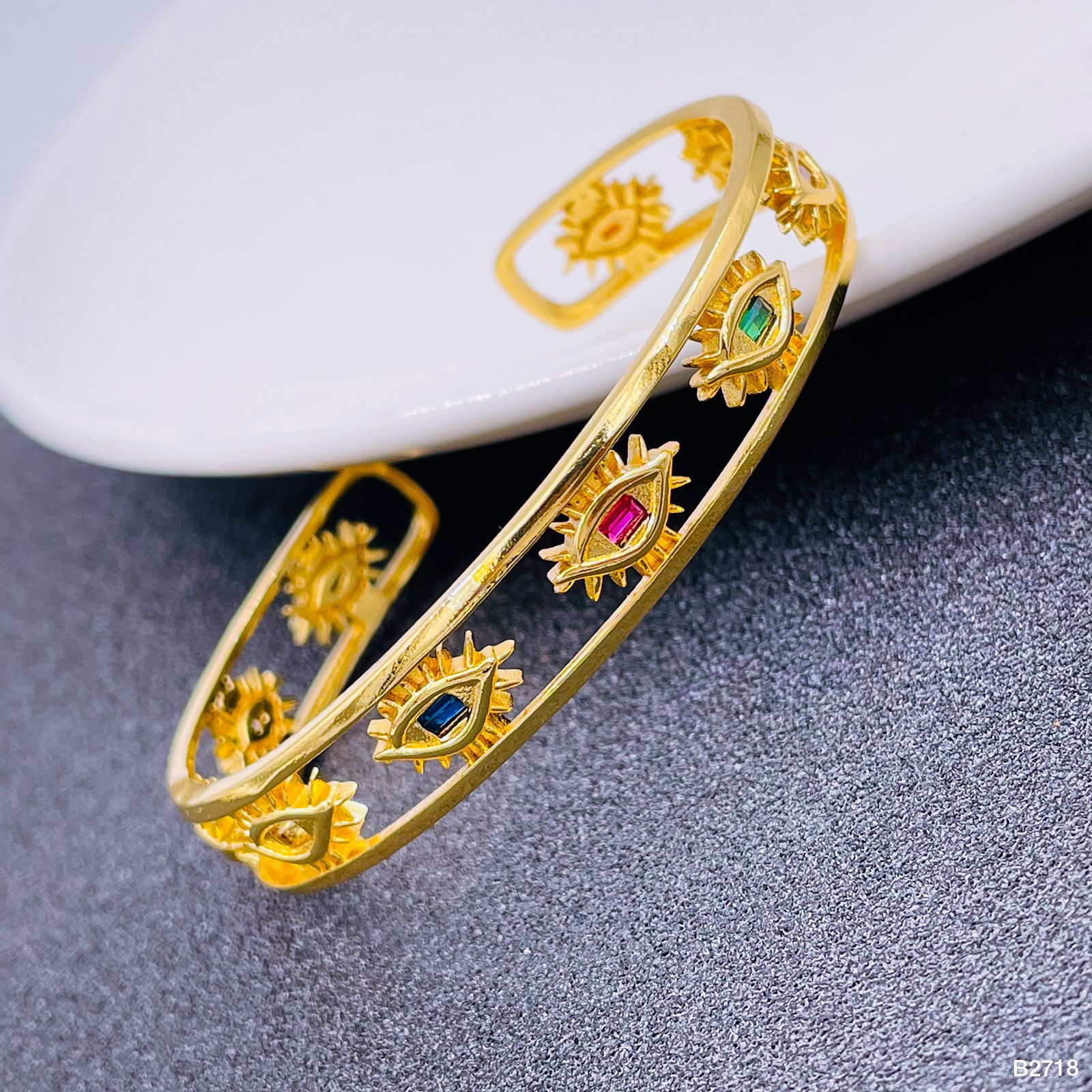 Copper Crystal Gold Multicolor Eyelash Evil Eye Cuff Kada Bangle Bulk