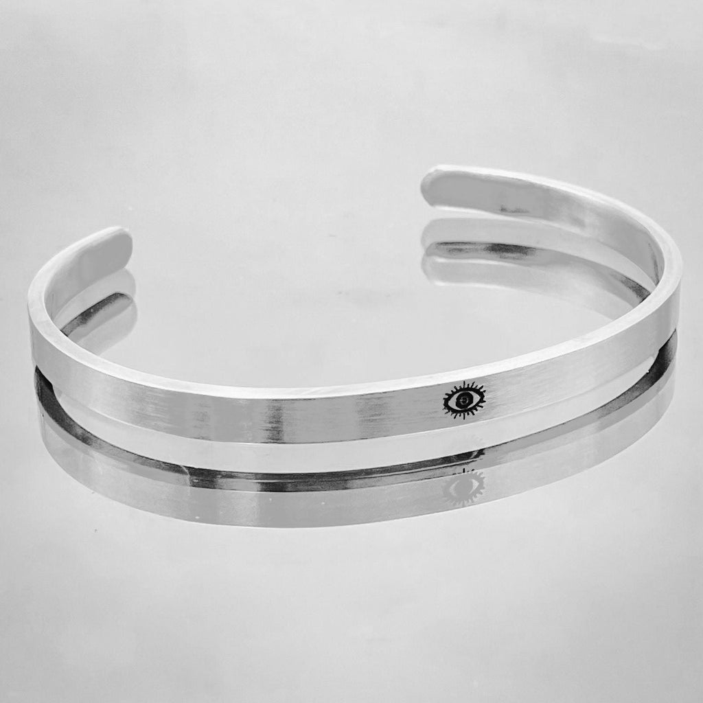 5mm Matte Finish Silver 316 Surgical Stainless Steel Evil Eye Laser Engraved Cuff Kada Bangle Bracelet Unisex
