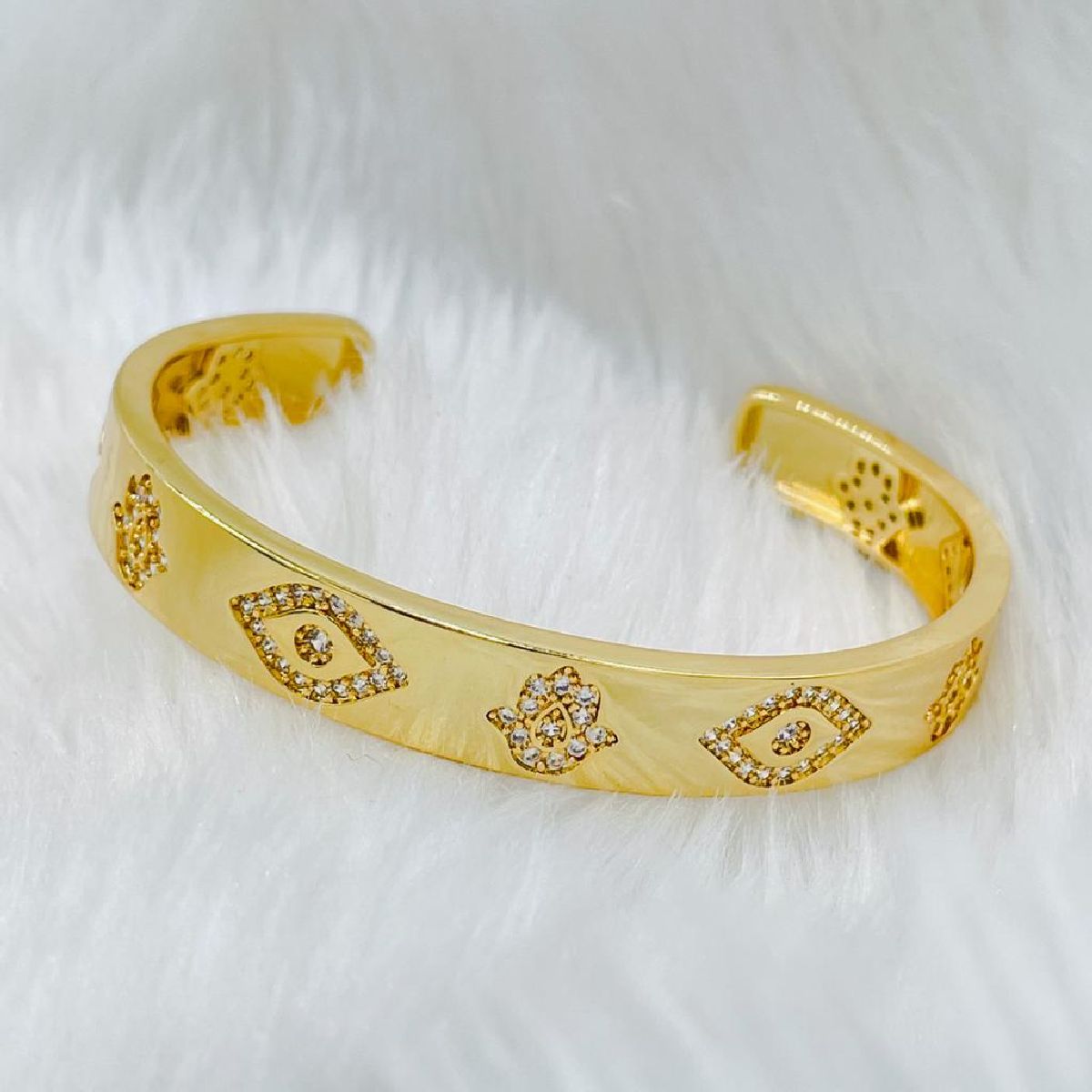 Evil Eye Hamsa Cubic Zirconia 18K Gold Copper Cuff Kada for Women Main image