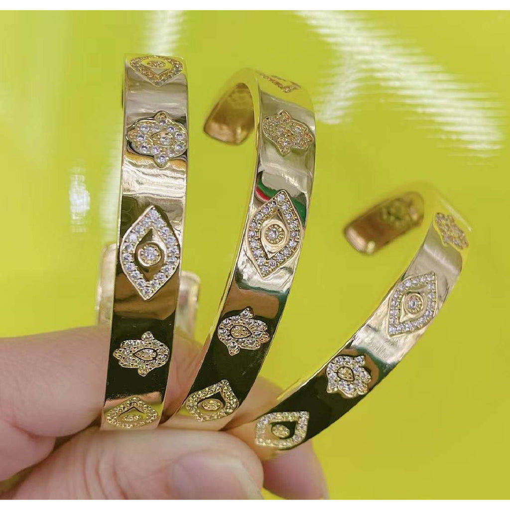 Evil Eye Hamsa Cubic Zirconia 18K Gold Copper Cuff Kada for Women