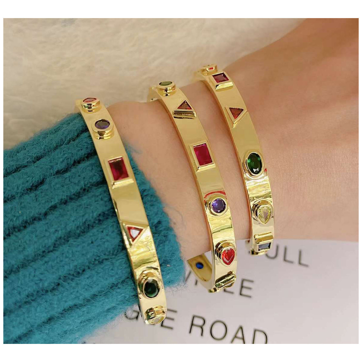Fancy Shapes Multi Color Zircon 18K Gold Copper Cuff Kada Women Bulk